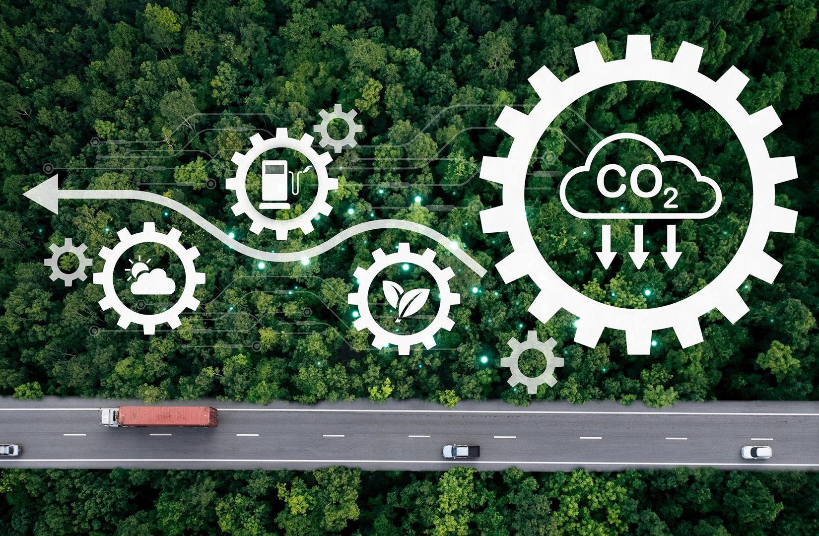 Illustrazione con ingranaggi e il simbolo della CO2 sopra una strada nel bosco