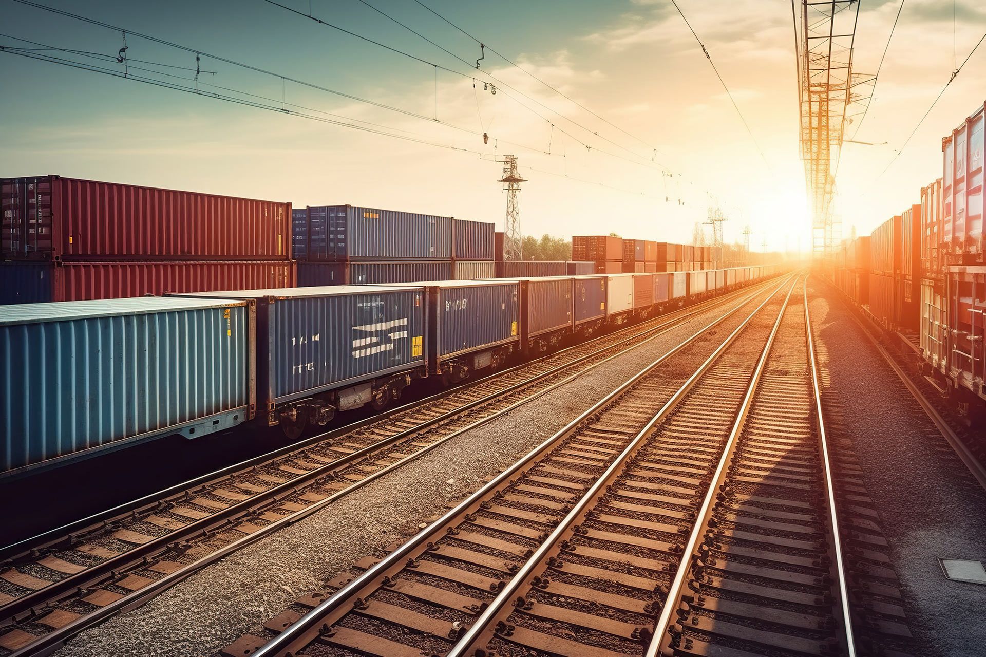 Treno merci di container su binari al tramonto